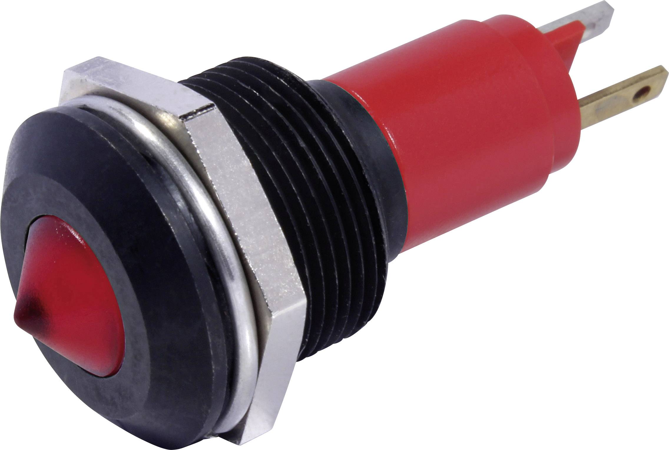Un bouton-poussoir rouge avec un bord noir et un filetage métallique, souvent utilisé pour des applications électroniques telles que des circuits ou des appareils.