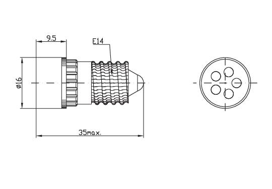 Dessin technique d'un support de lampe E14 avec dimensions : diamètre de 9,5 mm et longueur maximale de 35 mm, vue de dessus et vue latérale.