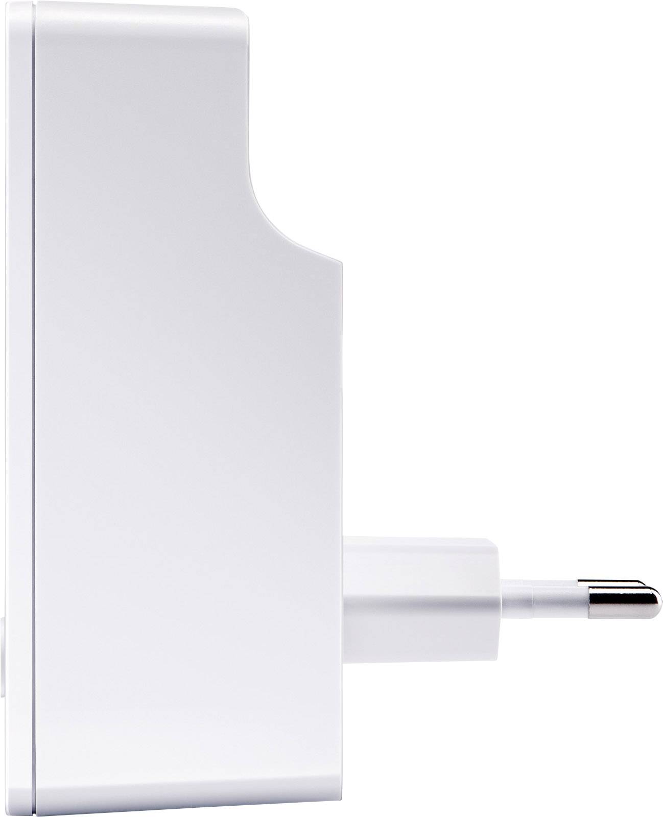 Un chargeur USB blanc avec une fiche européenne, vue de côté.
