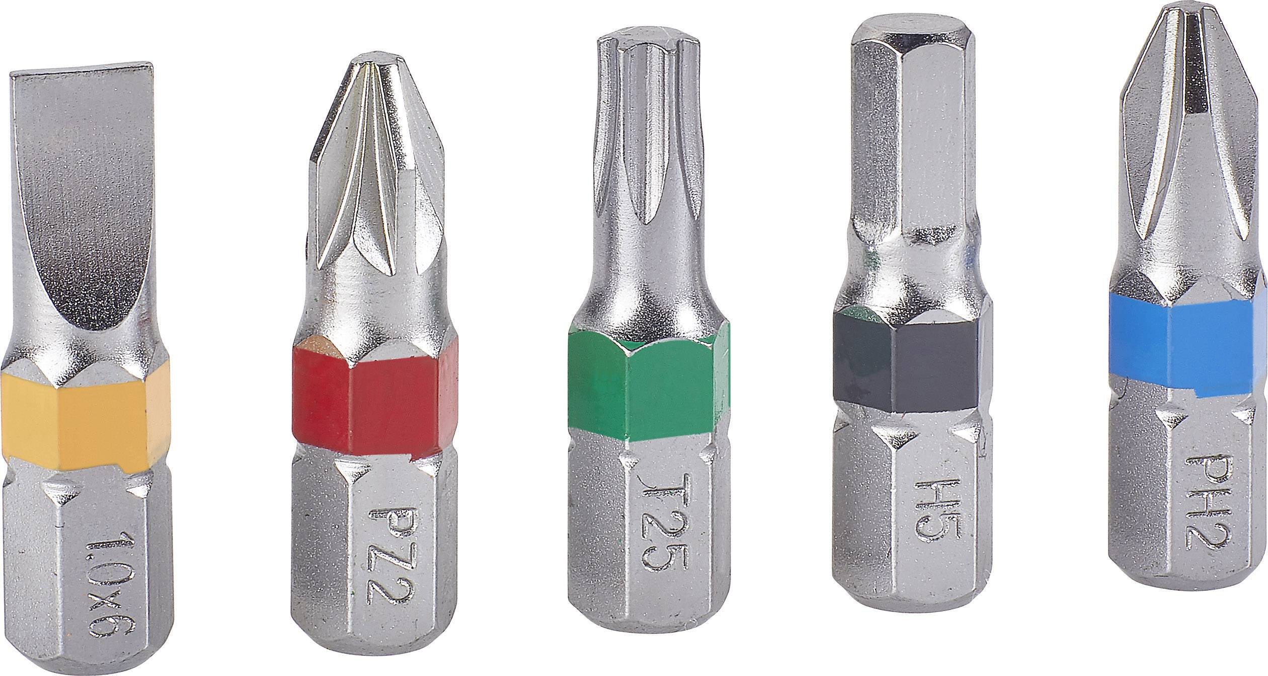 Cinq embouts de tournevis différents alignés : à fente, Pozidriv, Torx, hexagonal et Phillips, chacun marqué d'une couleur distincte.