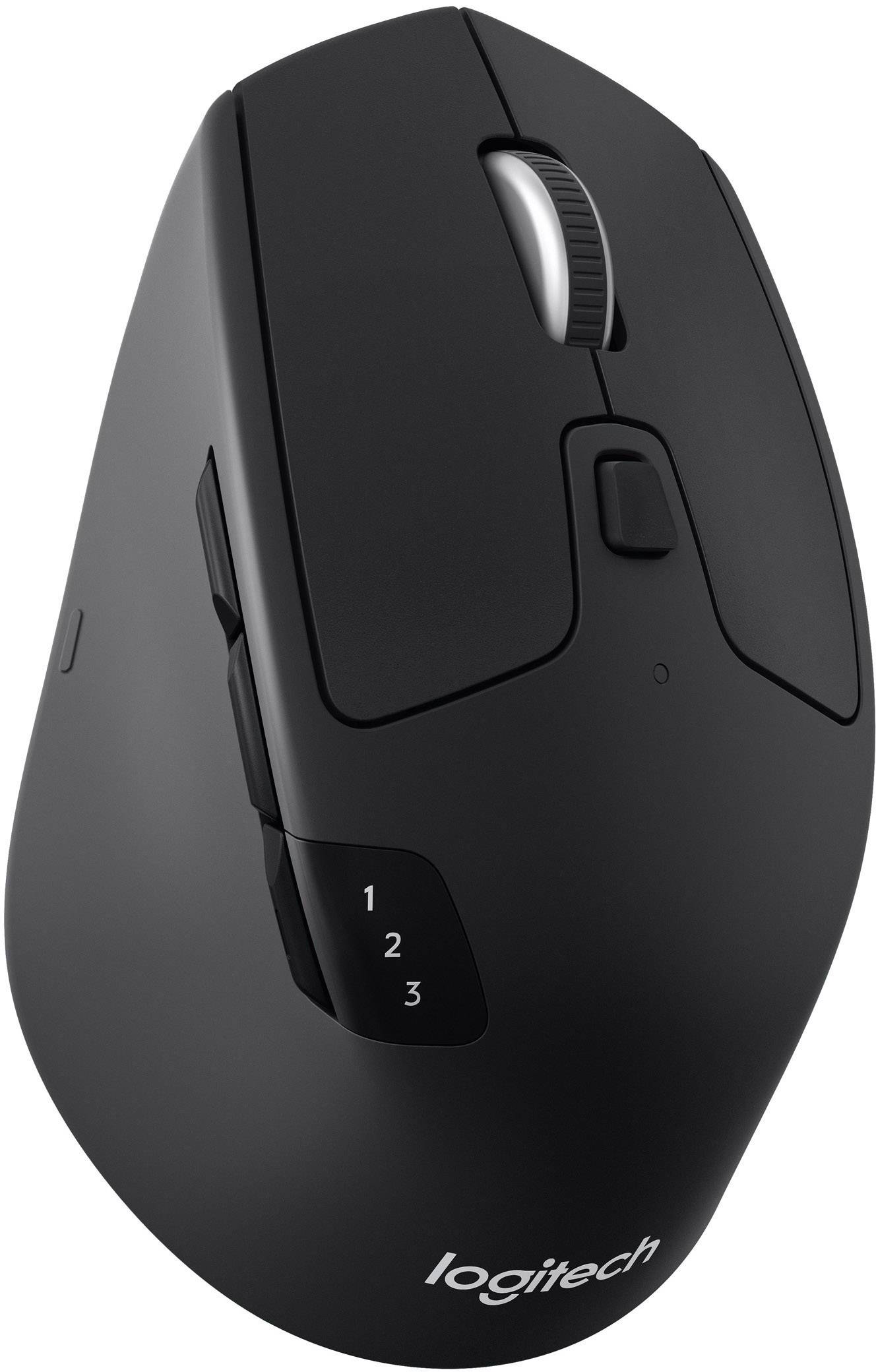 Une souris d'ordinateur sans fil noire avec trois boutons latéraux et une molette de défilement.
