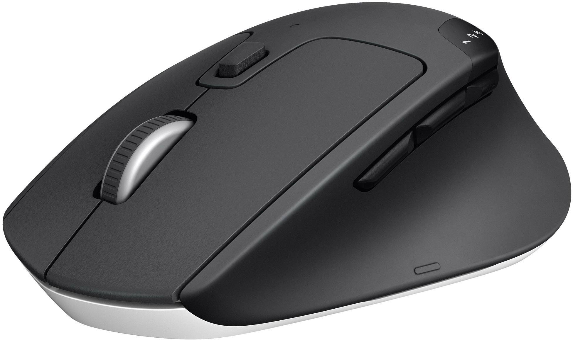 Souris d'ordinateur ergonomique sans fil en noir avec boutons latéraux et molette de défilement, adaptée pour un travail confortable sur PC.
