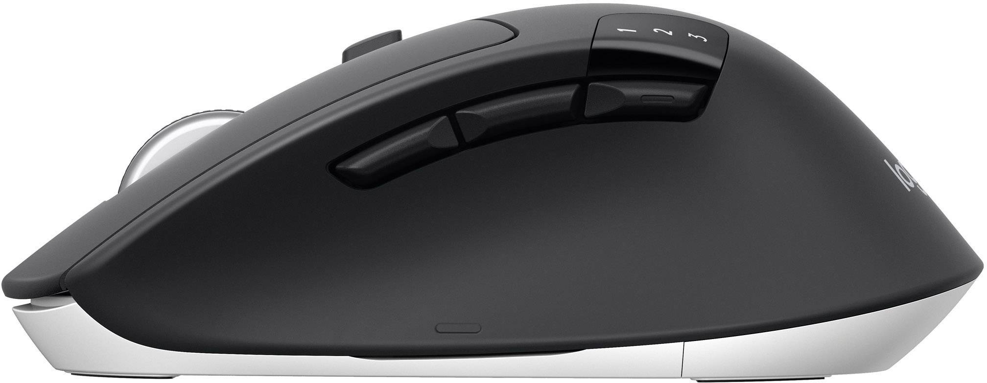 Souris d'ordinateur ergonomique sans fil vue de côté, avec touches pour le pouce et molette de défilement, en gris foncé et noir.