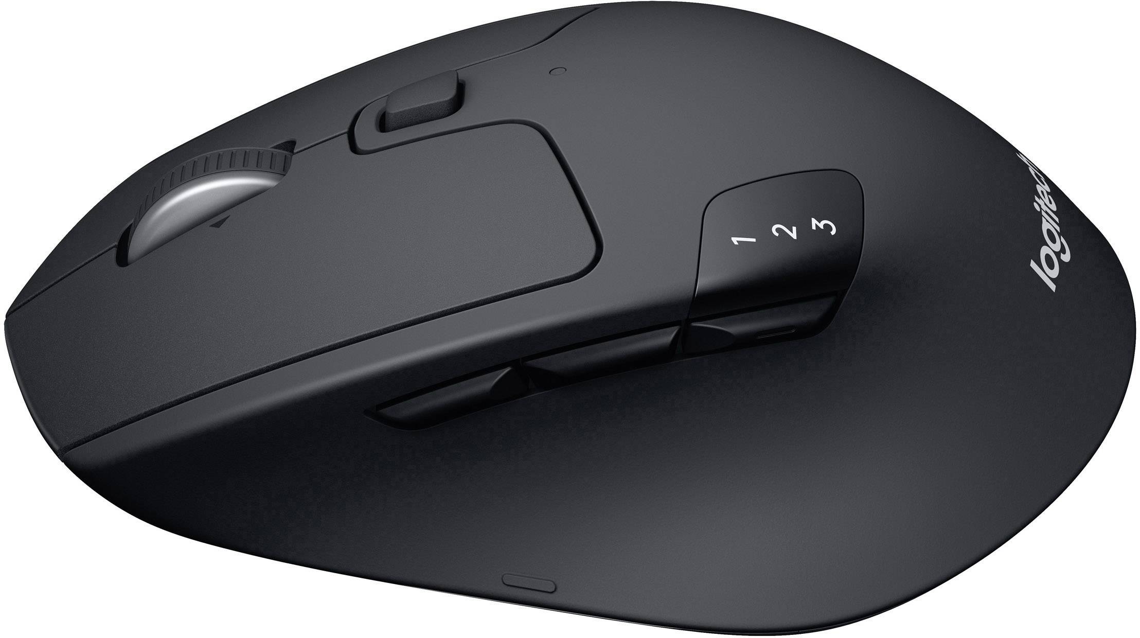 Souris d'ordinateur sans fil noire avec boutons de commande et molette de défilement, adaptée à plusieurs appareils.