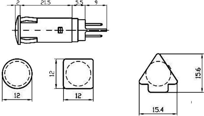 Le diagramme présente des dessins techniques d'une prise électronique avec les dimensions suivantes : longueur 21,5 mm, largeur 12 mm, hauteur 15,6 mm.