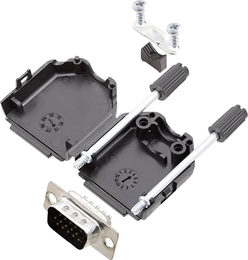 Un boîtier de connecteur D-Sub ouvert avec des vis et des broches, prêt à être monté.