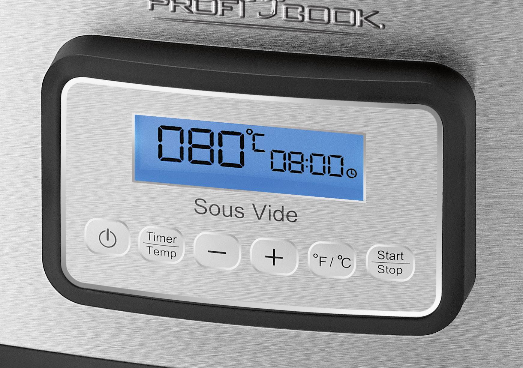 Panneau de commande d'un appareil de cuisson sous vide avec affichage numérique indiquant '080°C 08:00', équipé de touches plus et moins pour régler la température et le temps.