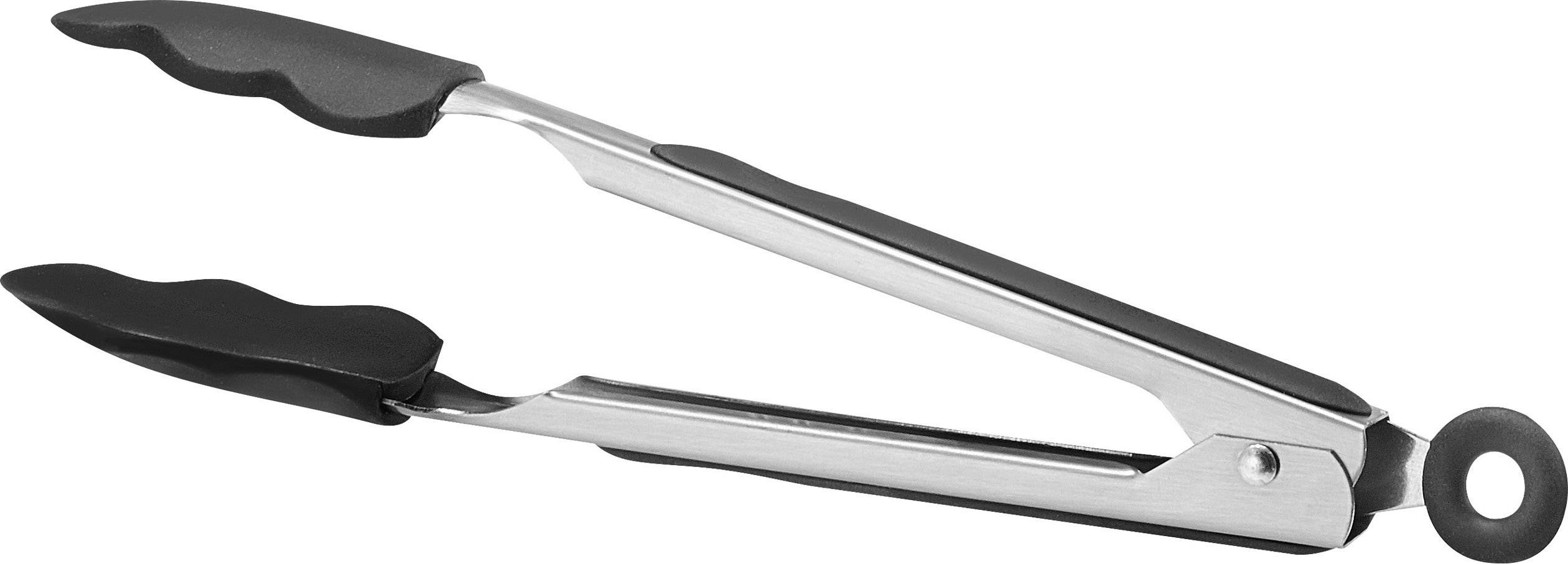 Pince de cuisine en métal avec embouts en plastique noir résistant à la chaleur, adaptée pour saisir et retourner les aliments.