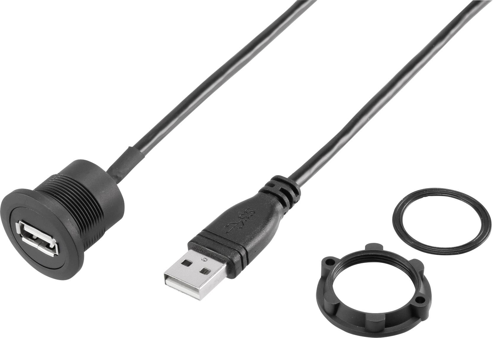 Câble d'extension USB avec prise femelle ronde encastrable, fiche mâle noire, anneau de fixation et joint d'étanchéité ; adapté pour montage sur panneau.