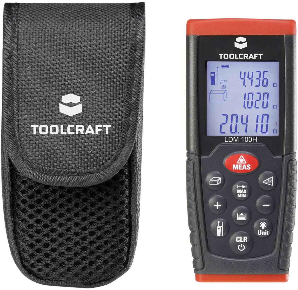 Toolcraft Télémètre LDM 100H à côté d'un étui de protection noir. L'écran affiche plusieurs distances et symboles.