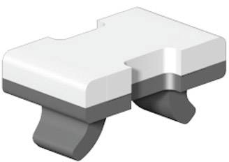 Une pièce technique en plastique blanc, rectangulaire, présentant deux pattes gris foncé coudées sur sa face inférieure.