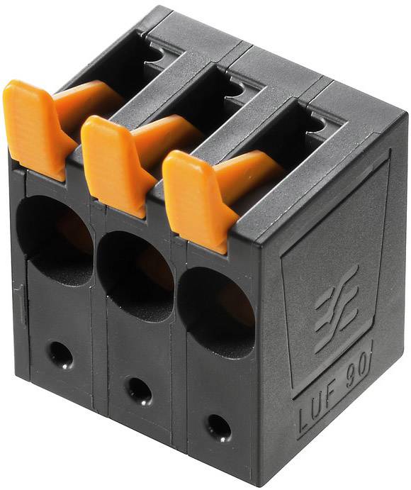 Barrette de connexion à triple contact avec trois leviers orange pour raccorder des câbles électriques, montée sur un socle noir.