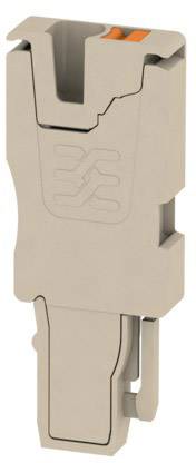 Un connecteur électrique beige avec des encoches et un élément orange sur le bord supérieur.