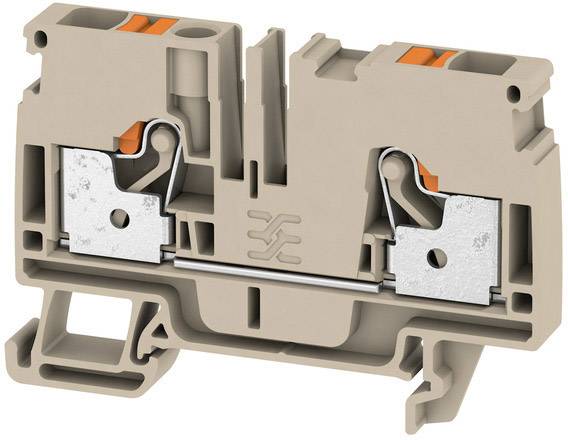 Barrette de connexion électrique marron avec deux points de serrage métalliques et des interrupteurs oranges, utilisée pour raccorder des câbles.