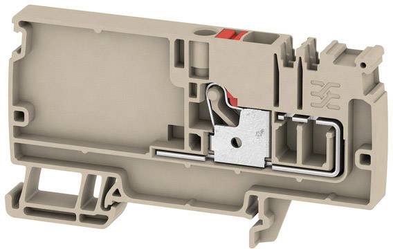 Un boîtier en plastique marron avec un élément métallique marqué en rouge. Il semble faire partie d'une technique de connexion électrique.