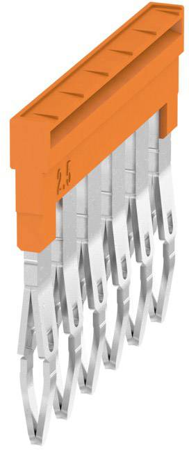 Barrette de connexion avec sept contacts en argent et un bloc isolant orange. Le bloc est marqué '2.5'. Utilisée pour les connexions électriques.