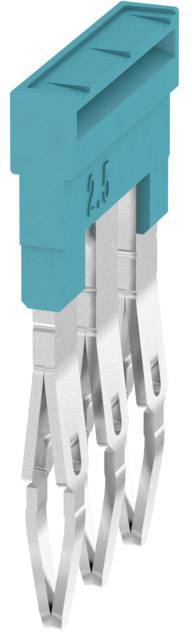 Un connecteur électrique avec un boîtier en plastique bleu en haut, montrant quatre contacts métalliques vers le bas.