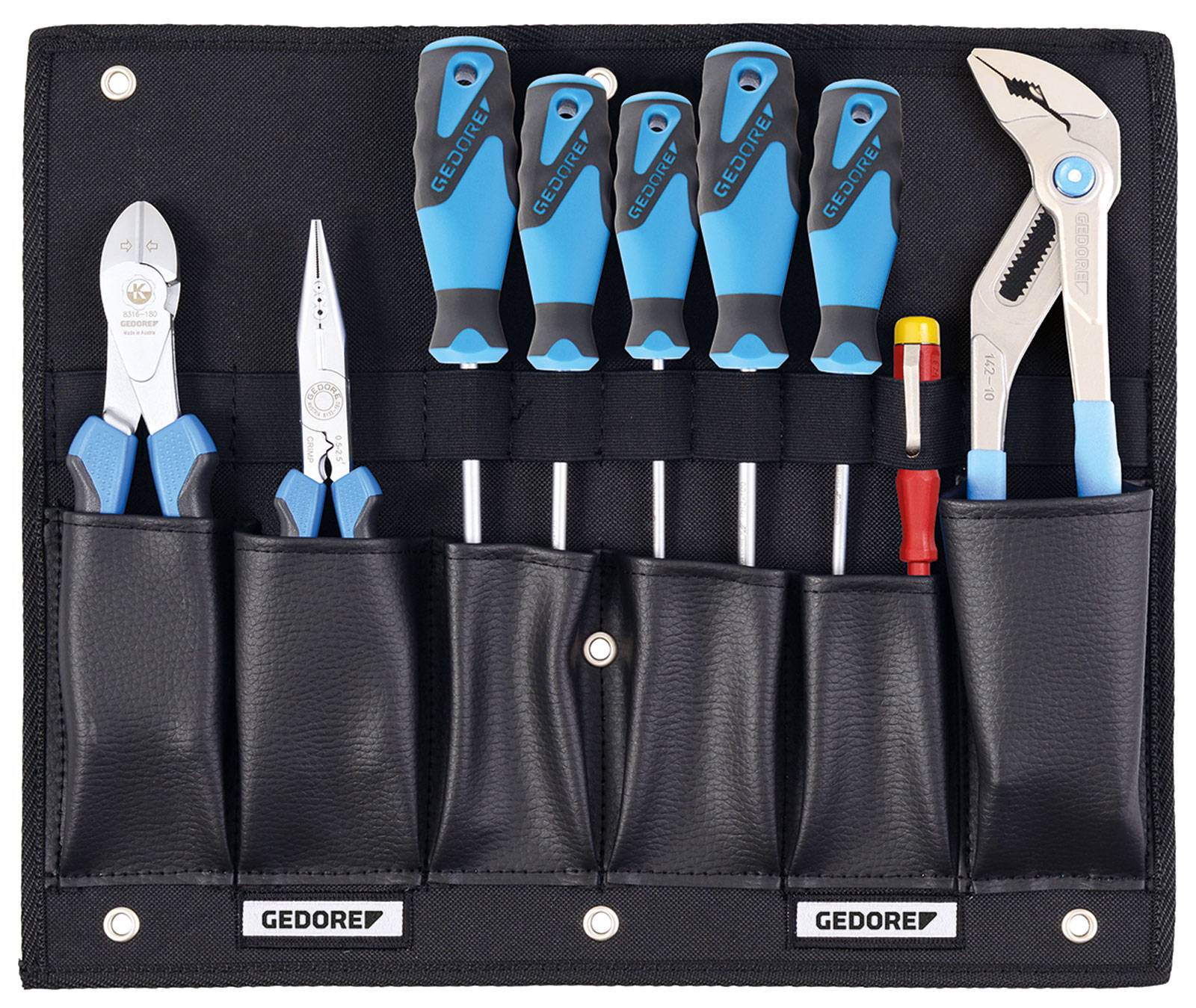 Un ensemble d'outils comprenant six tournevis, une pince, une pince à bec et un testeur de phase, sur support noir.