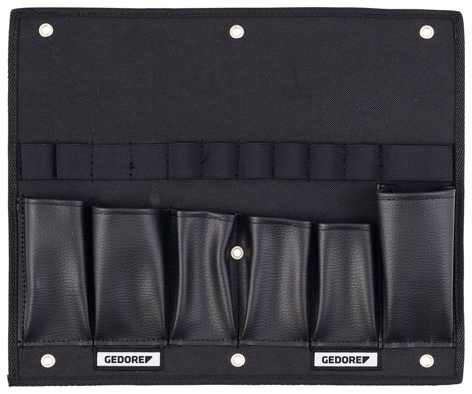 Sac à outils noir en tissu avec plusieurs compartiments. Six poches en bas, étiquette 'Gedore'. Vide, prêt pour les outils.