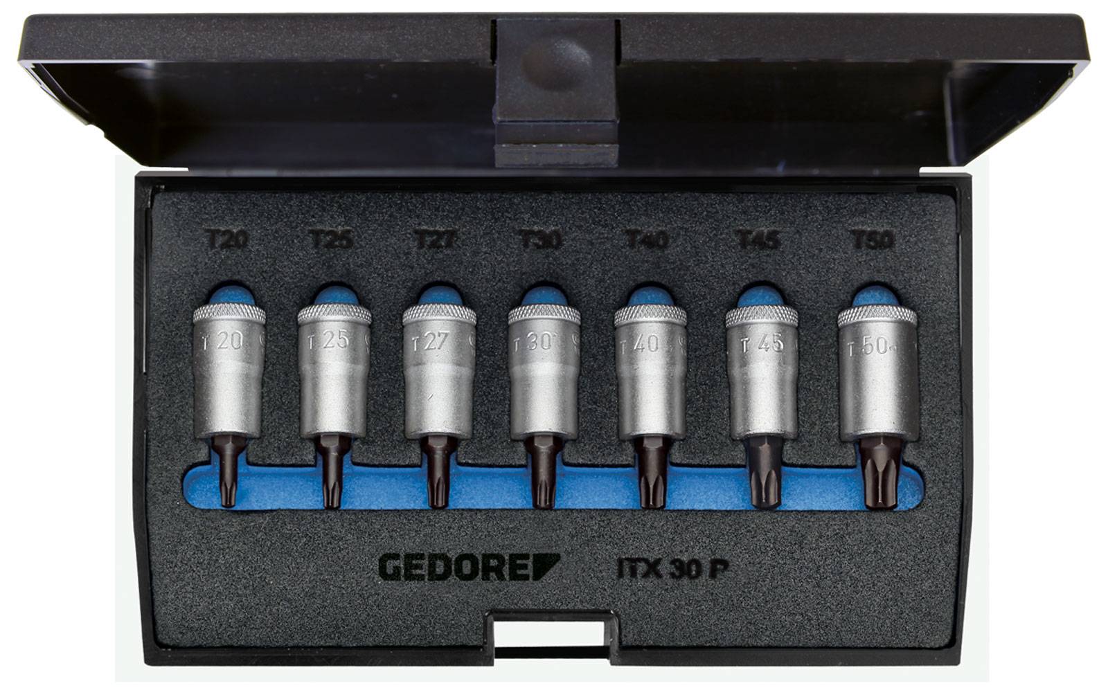 Jeu de embouts Torx dans un boîtier noir ouvert. Sept embouts, numérotés de T20 à T50, sur un support en mousse bleue. Marque : GEDORE ITX 30 P.
