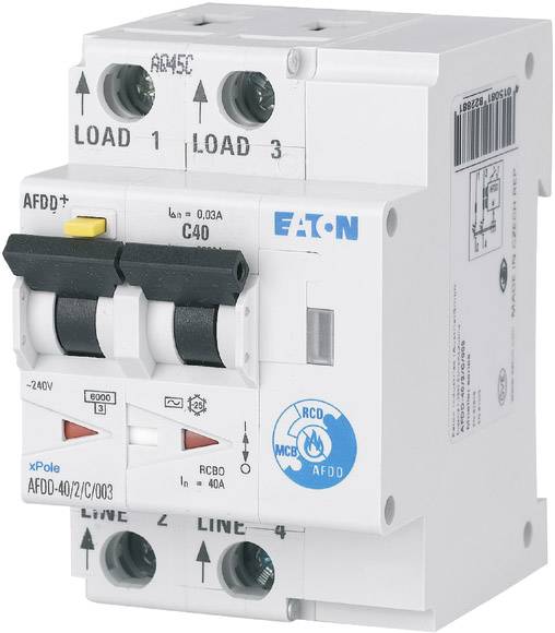 Disjoncteur différentiel pour la sécurité électrique, marque Eaton, modèle AFDD+ C40. Protège contre les surcharges, les courts-circuits et les défauts de terre.