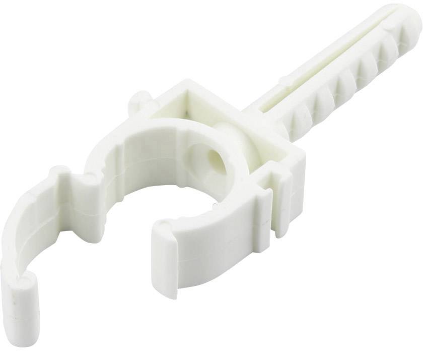 Collier de câble en plastique blanc, avec ancrage cylindrique et clip circulaire à ressort pour une stabilisation optimale.