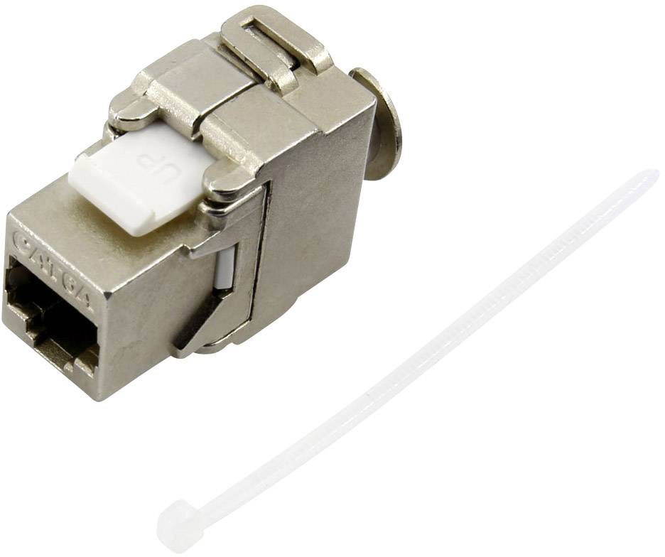 Connecteur modulaire RJ45 en métal, légèrement ouvert, avec un clip de verrouillage blanc, à côté duquel se trouve un collier de câble blanc.
