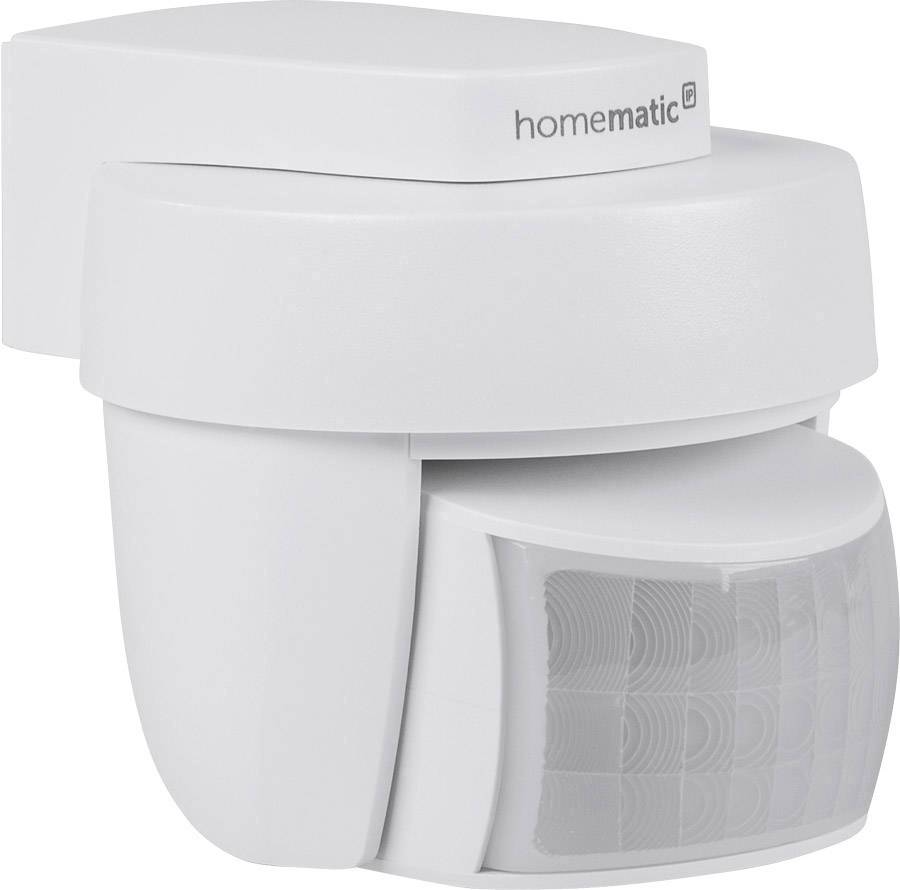 Un détecteur de mouvement blanc Homematic pour montage mural, avec surface de capteur rectangulaire, adapté aux applications domotiques.