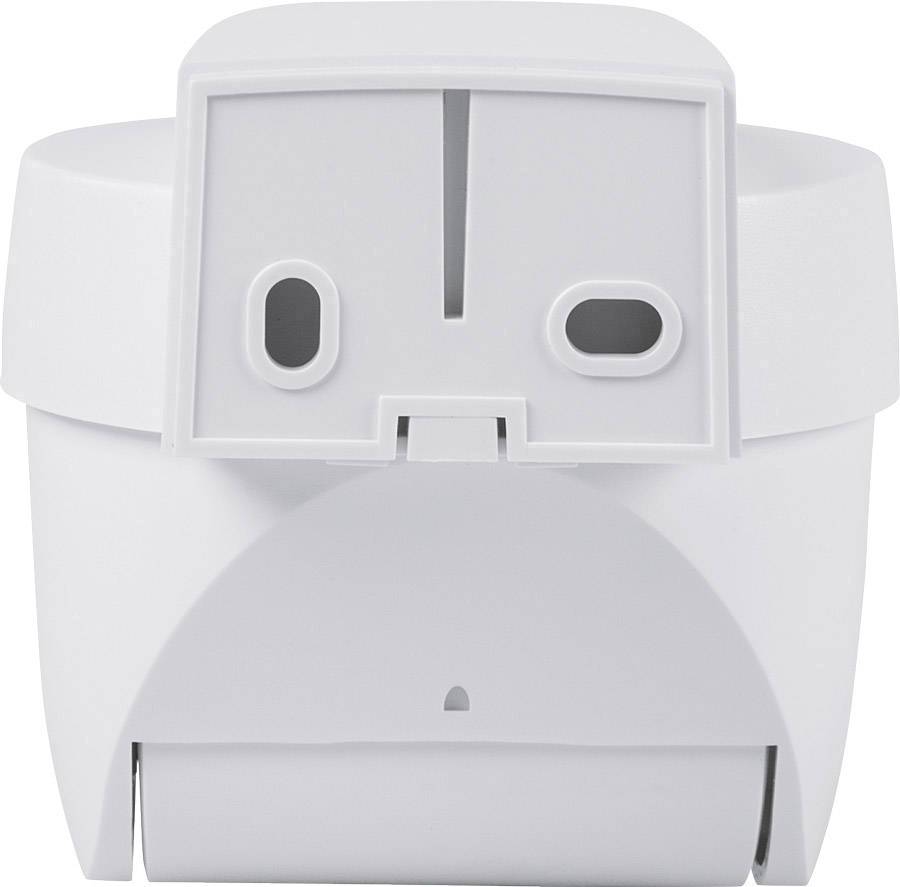 Insert en plastique blanc avec deux ouvertures carrées en haut et un trou supplémentaire en bas. Design industriel épuré.