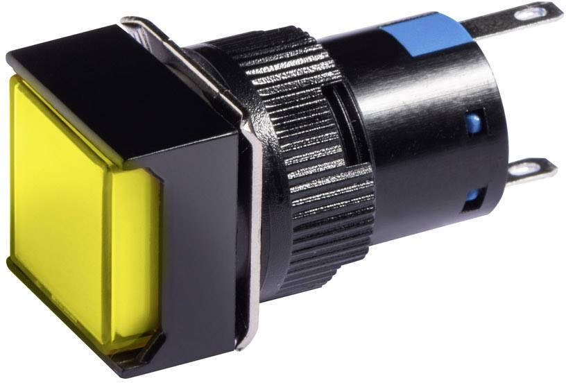 Un bouton-poussoir rectangulaire jaune, montable, avec boîtier noir et connexions métalliques, pour circuits électriques.