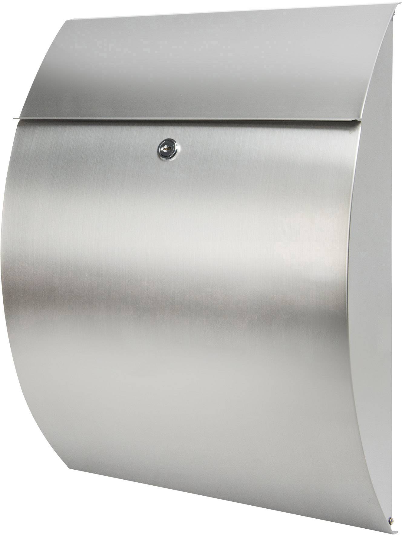 Boîte aux lettres moderne en acier inoxydable avec façade incurvée et serrure centrale. Design minimaliste, résistante aux intempéries.