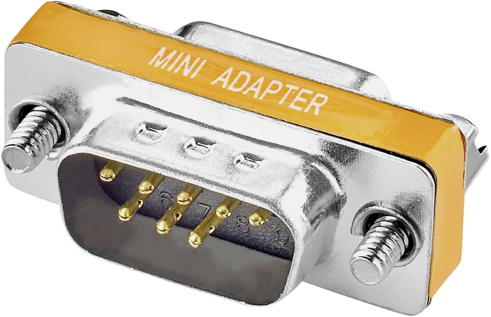 Un mini-adaptateur argenté avec une bande orange et l'inscription 'MINI ADAPTER', montrant plusieurs contacts de branchement.