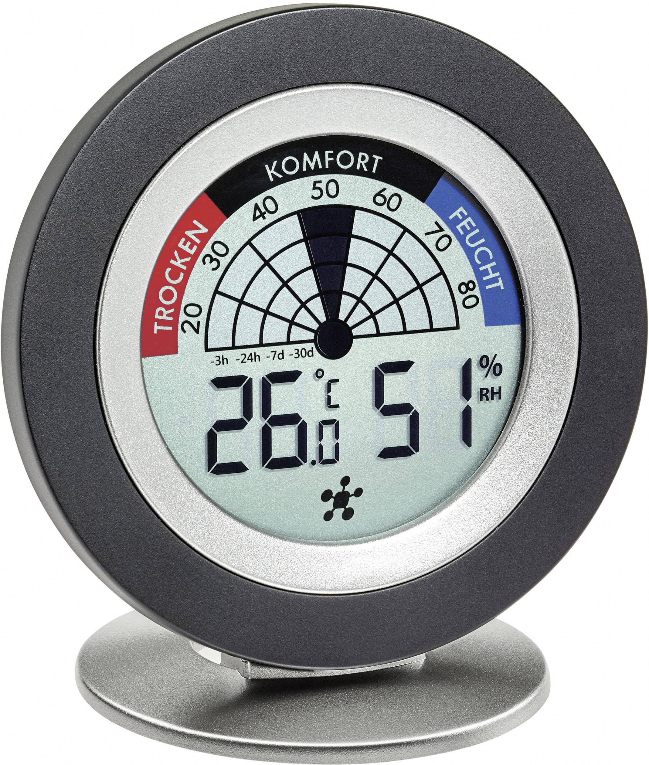 Un hygromètre rond indique une température de 26 degrés Celsius et une humidité de 51 %. Zones marquées : 'Sec', 'Confort', 'Humide'.