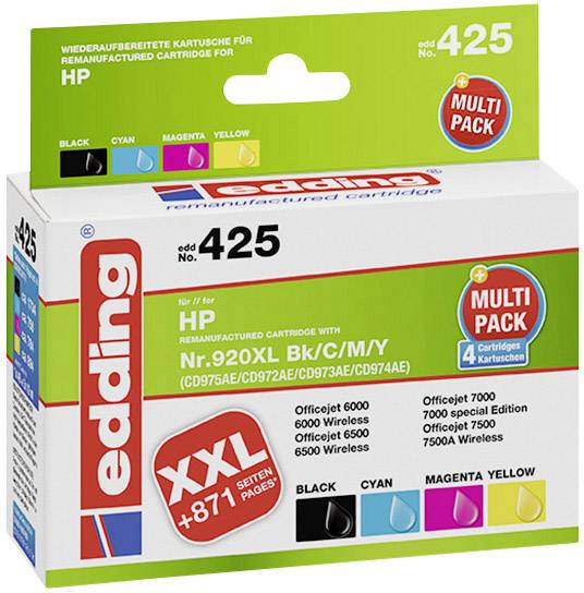 Cartouches d'encre 'edding' pour HP N° 920XL en noir, cyan, magenta, jaune. Pack multicolore de 4 cartouches compatibles avec divers modèles Officejet.
