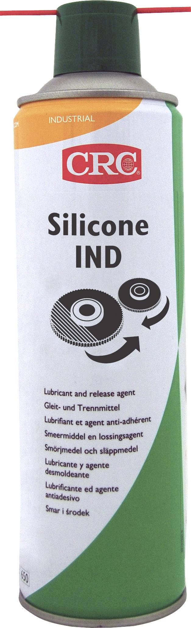 CRC Silicone IND Bombe aérosol. Inscription : « Agent lubrifiant et de démoulage ». Utilisation : Lubrifiant et agent de séparation pour applications industrielles.