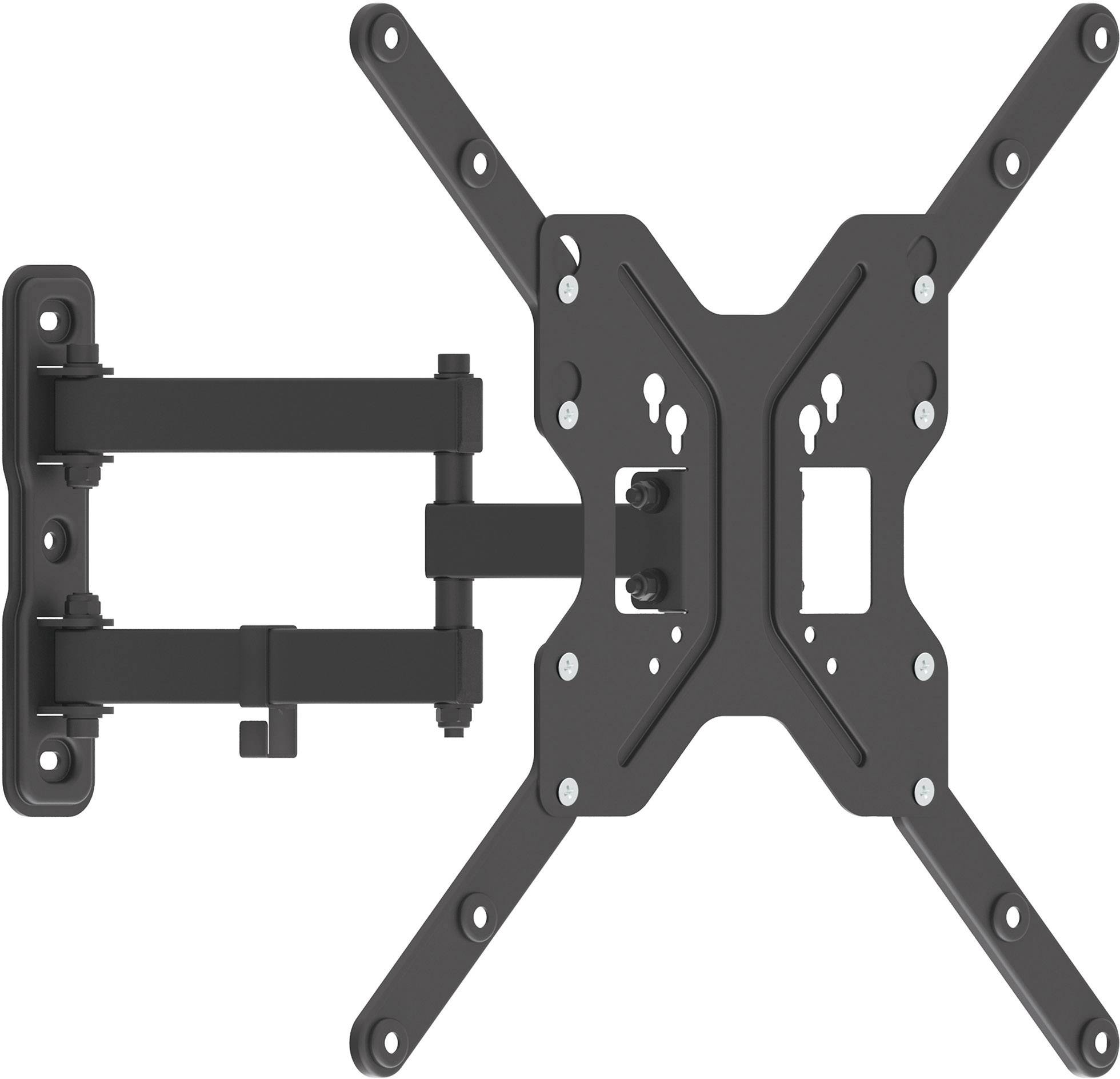 Support mural noir et réglable pour téléviseur avec quatre bras, conçu pour écrans plats. Plaque de montage et vis de fixation visibles.