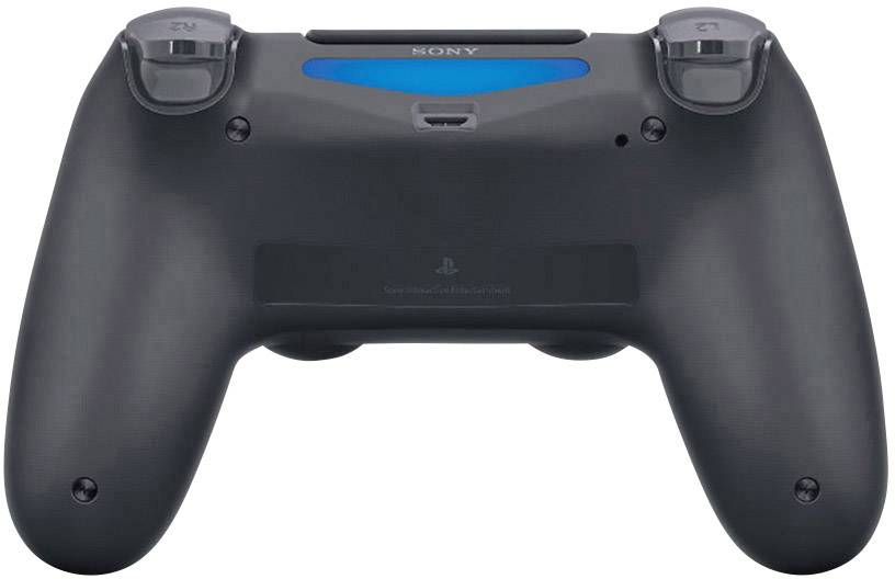 Une manette noire avec des accents et des boutons de commande bleus, vue de dos. Le nom de la marque est visible en haut.