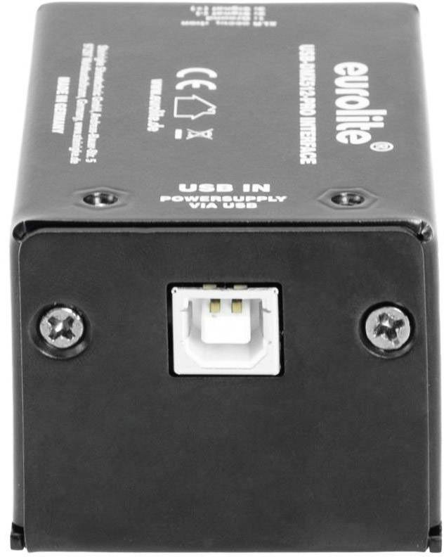 Interface USB d'un contrôleur Eurolite DMX512-PWM noir, marqué de symboles CE et doté d'une entrée USB.