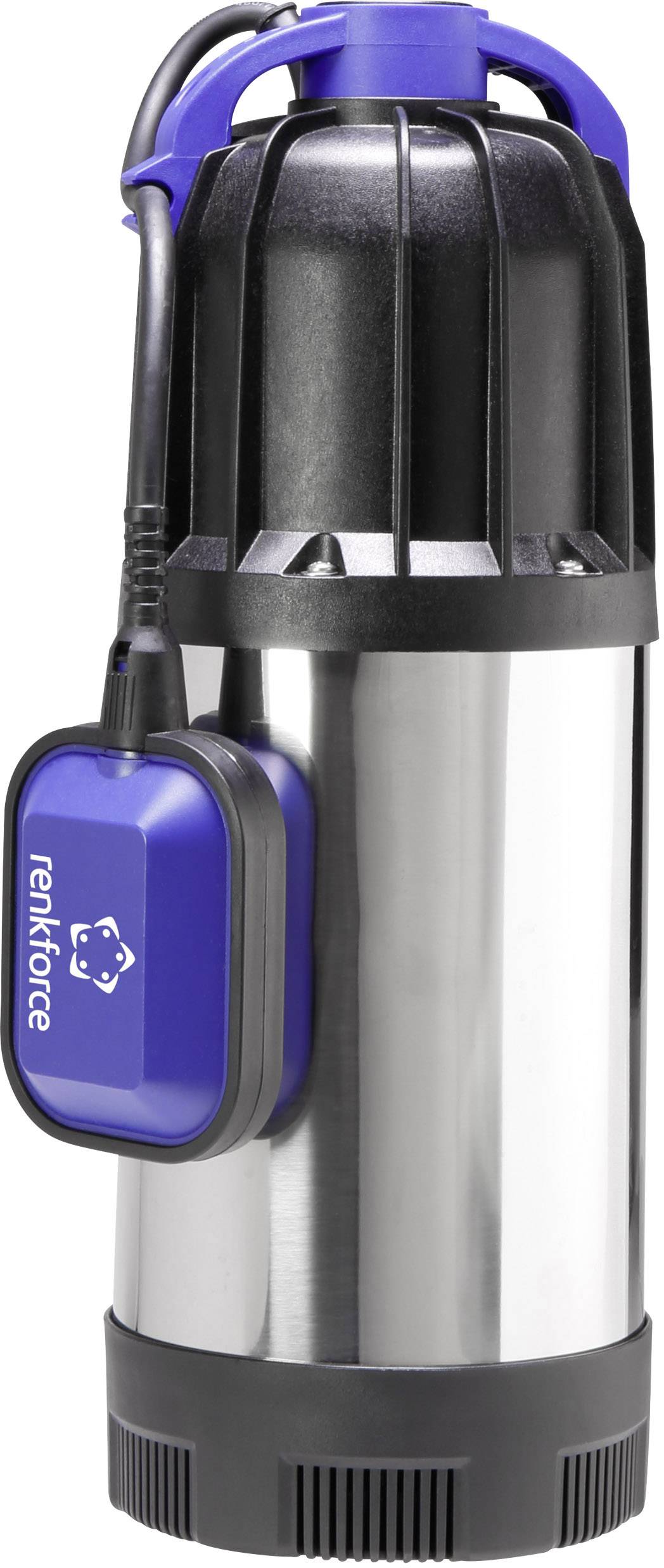 Une pompe de plongée en argent et noir avec un boîtier de commutateur rectangulaire bleu sur le côté.