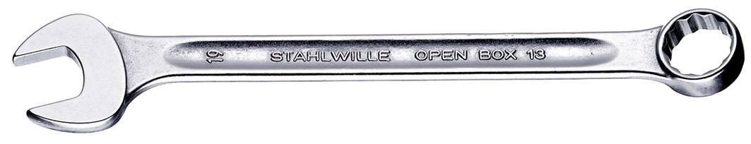 Une clé à molette couleur argent affiche l'inscription 'STAHLWILLE OPEN BOX 19', avec un côté à fourche ouvert et un côté à anneau.