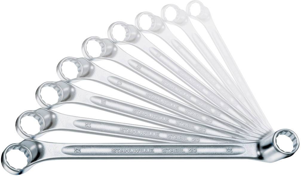 Jeu de huit clés à fourche ouvertes de différentes tailles, disposées en éventail, en métal brillant.
