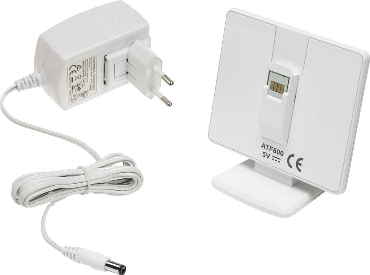 Bloc d'alimentation avec câble et fiche, à côté d'un module électronique blanc avec emplacement de connexion et inscription 'ATF800 5V'.