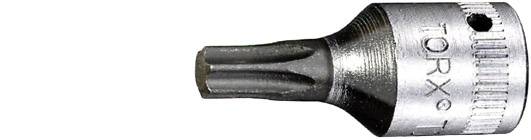 Un embout Torx en métal pour tournevis ou perceuses, à finition argentée brillante, avec une structure striée pour une meilleure prise en main.