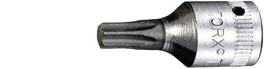 Embout Torx métallique, partiellement visible, à tête à six branches, pour l'entraînement des vis, sur fond blanc.