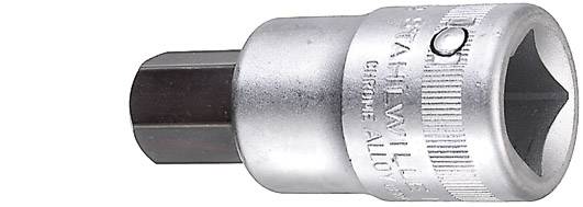 Embout de clé à douille hexagonale, chromé, pour outils à cliquet, présentant différents marquages de taille sur sa surface.