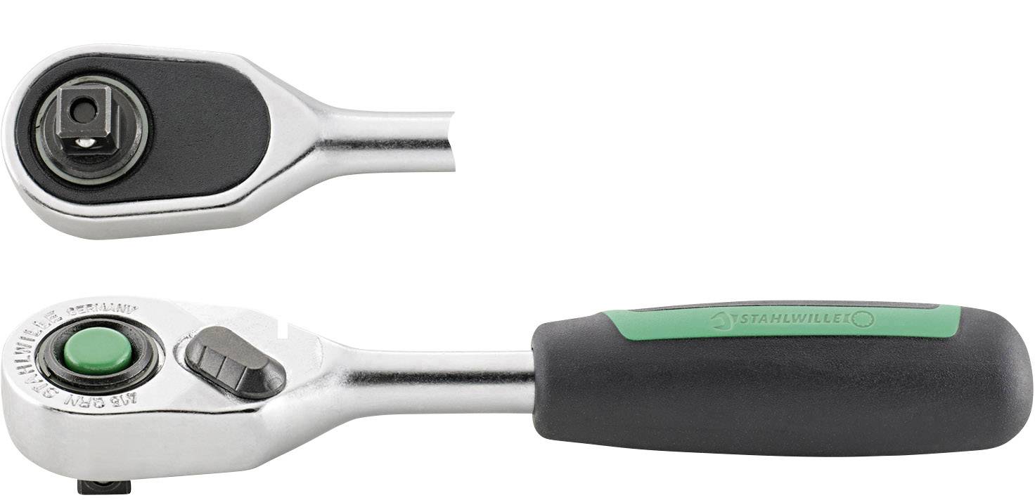 Clé à cliquet avec poignée ergonomique et mécanisme de déverrouillage rapide, adaptée aux douilles, sur fond blanc.