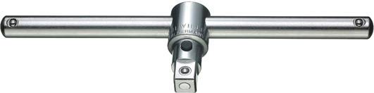 Un outil clé en T en métal, orienté horizontalement. Il est composé d'un long manche et d'un adaptateur carré centrique pour douilles.