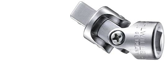 Connexion universelle articulée en métal avec vis, vue de côté, montrant une possibilité de connexion flexible pour des outils.