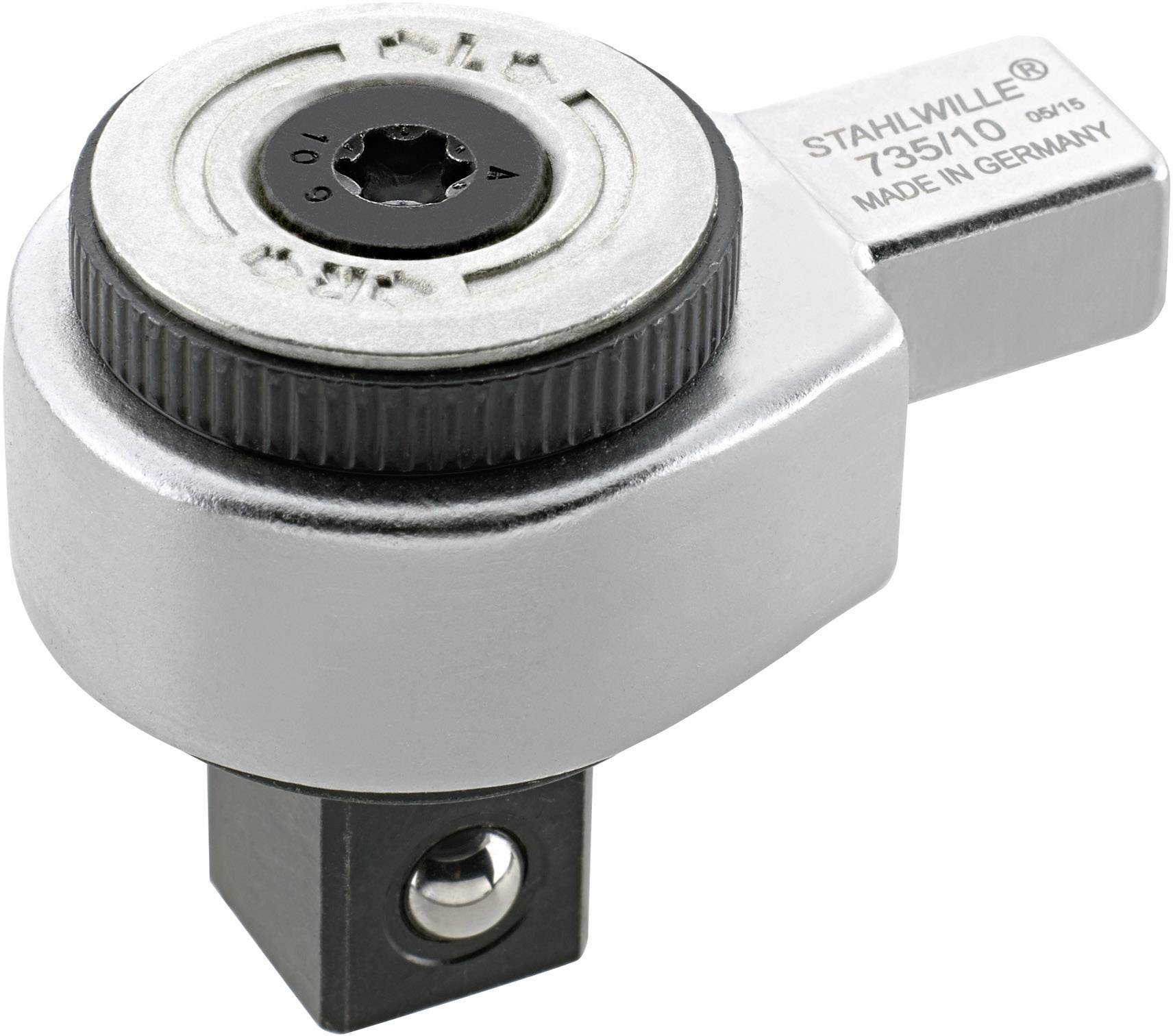 Un embout de clé dynamométrique ajustable en métal portant l'inscription 'Stahlwille 735/10, Made in Germany', utilisé pour des applications de couple précises.