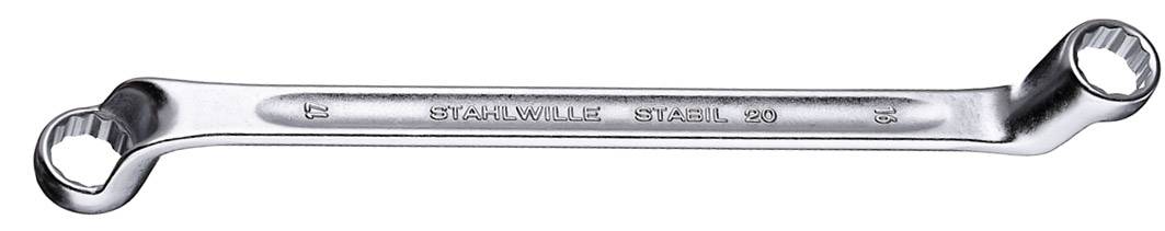 Une clé à anneau chromée avec deux tailles différentes à chaque extrémité. Surface brillante, adaptée aux travaux de vissage.